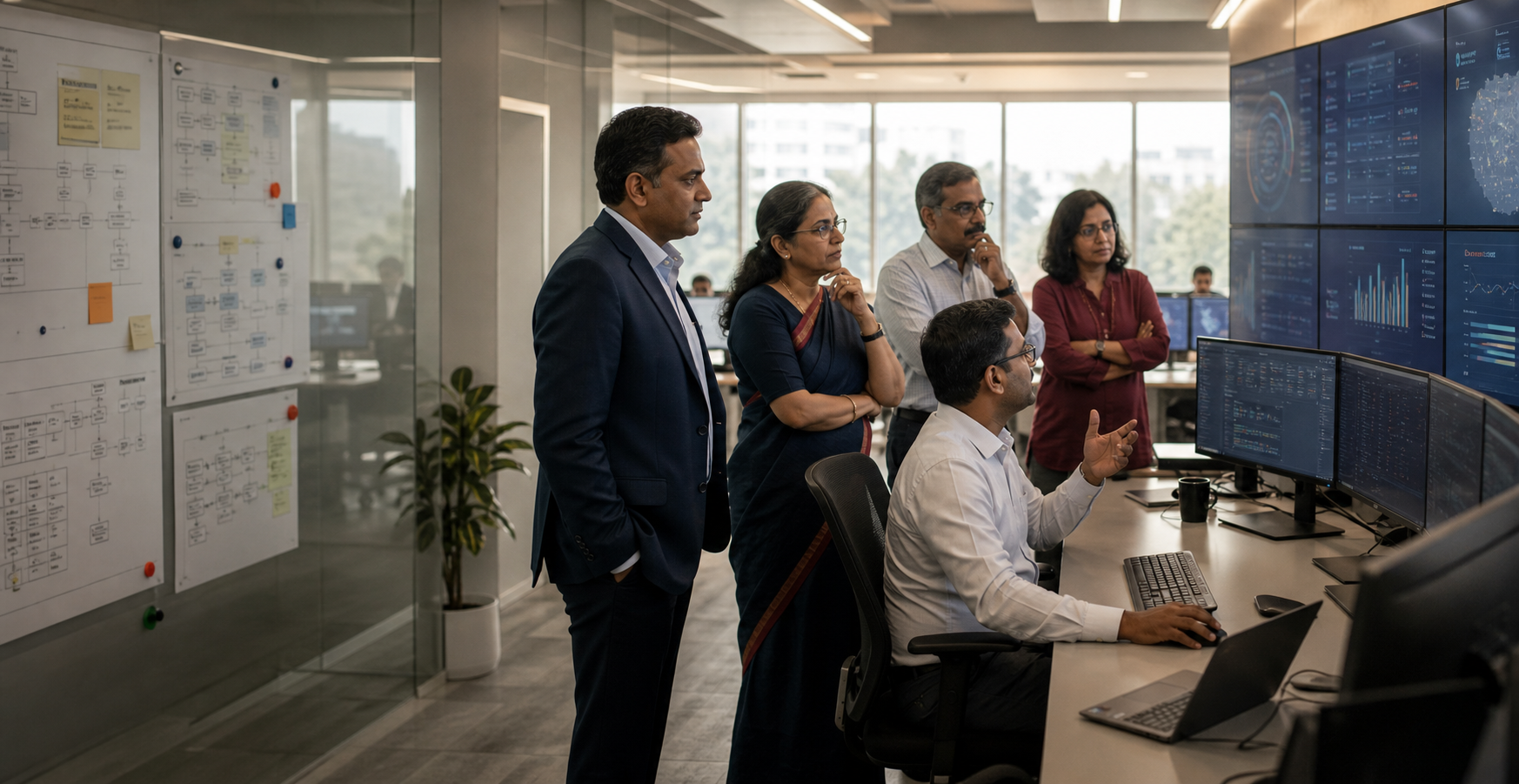 Enterprise leaders supervising active AI-enabled business operations and exceptions