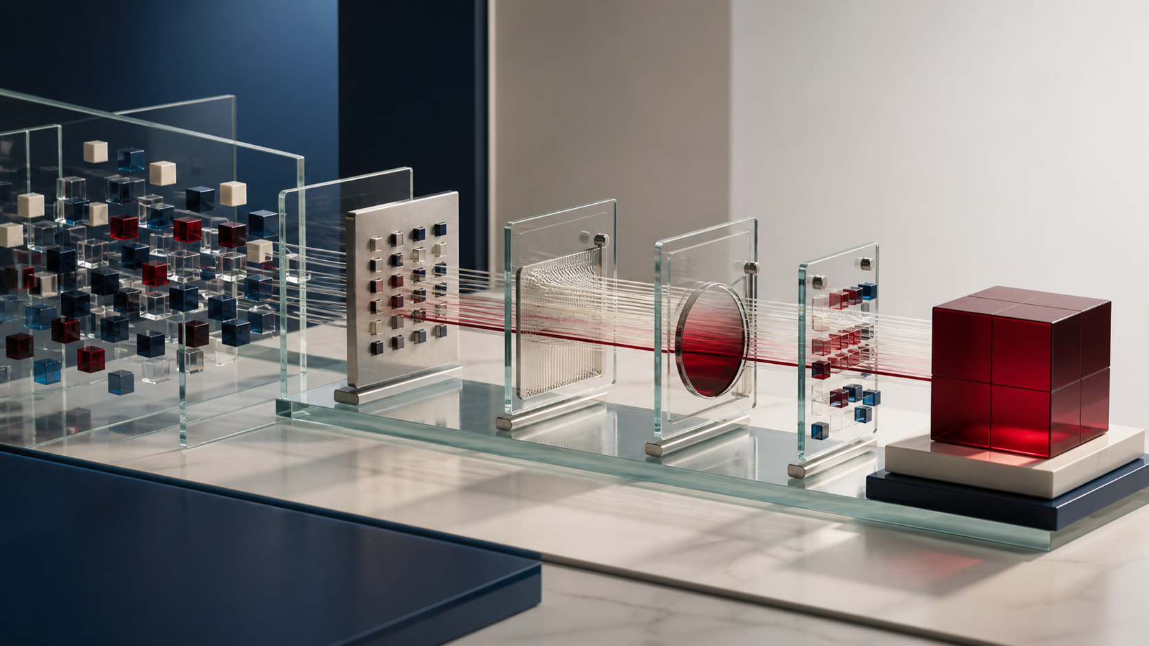 Fragmented business work passing through controlled execution stages into a completed outcome