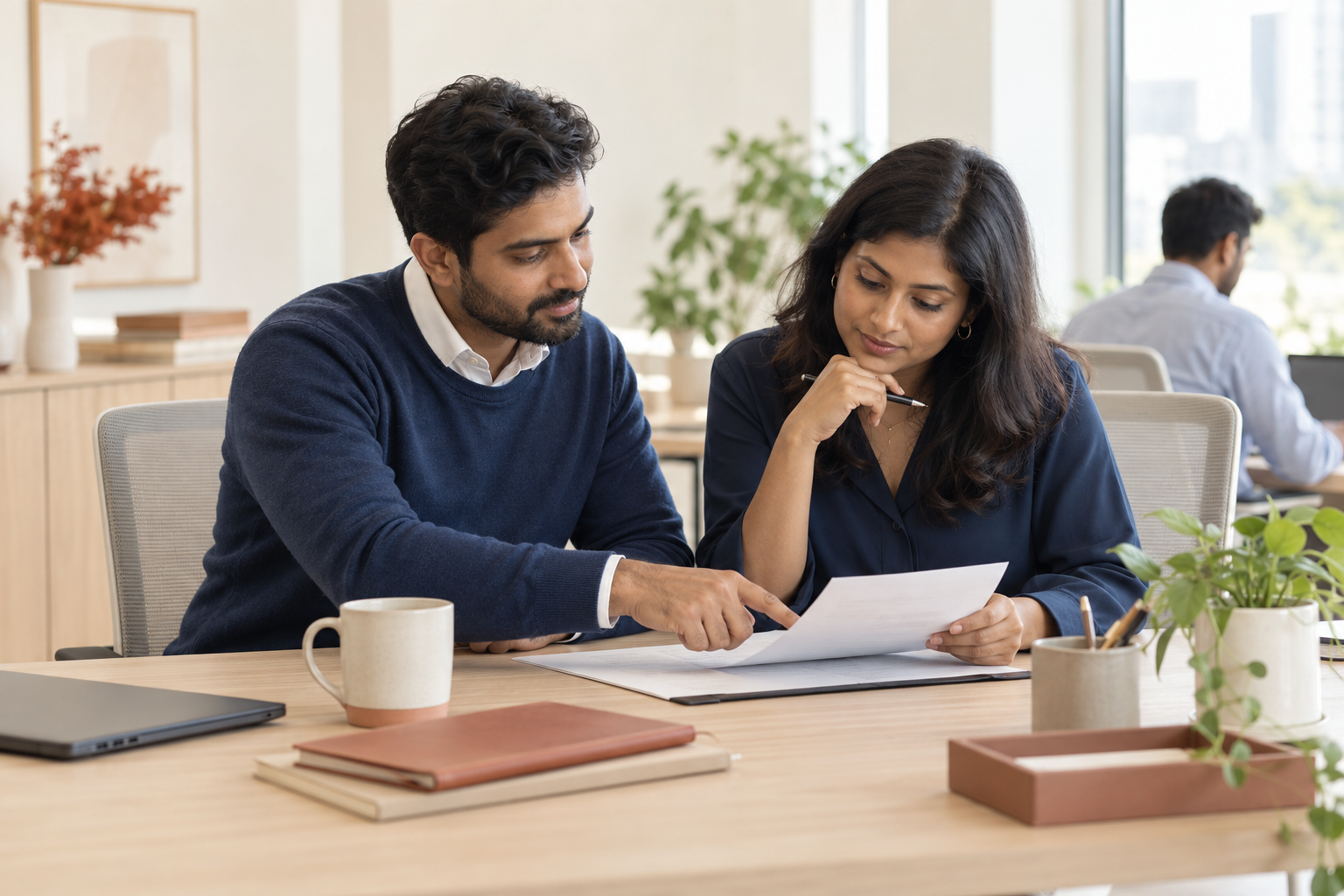 Conceptual illustration of colleagues reviewing an exception document while everyday office work continues