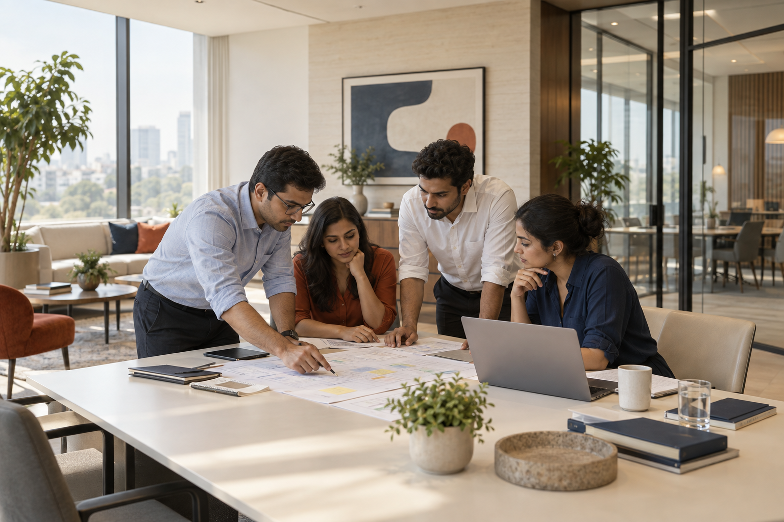 Conceptual image of client and consulting colleagues working through a process map together
