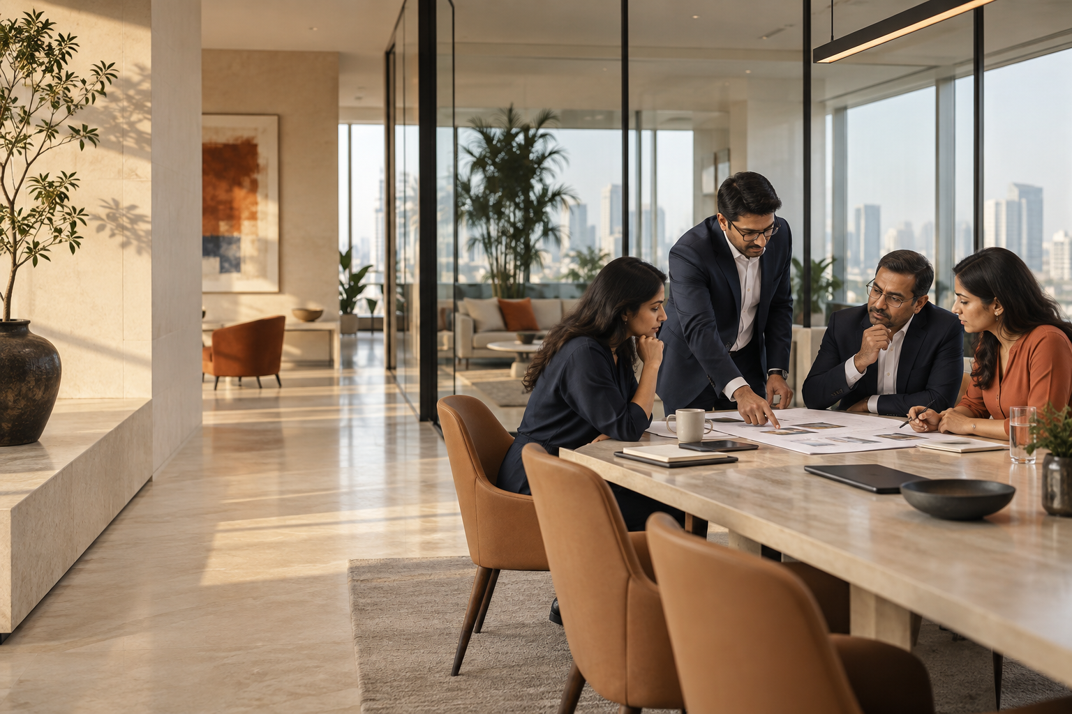 Conceptual image of business leaders discussing an operating plan in a sunlit office